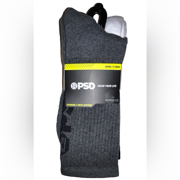 PSD Crew Socks 3 Pair Men’s 6-12.5 Gray White Black w Logo Cushioned NEW! $28 - Picture 1 of 10
